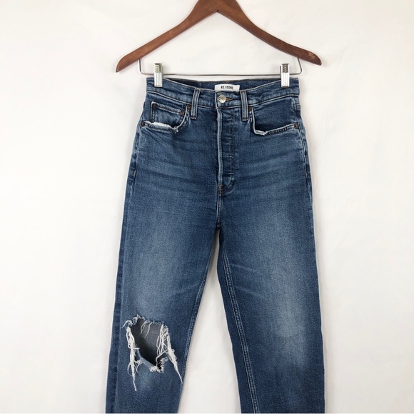 Redone 70s Ultra High Rise Stove Pipe Vintage Indigo Destroy Size 26 - Picture 3 of 9